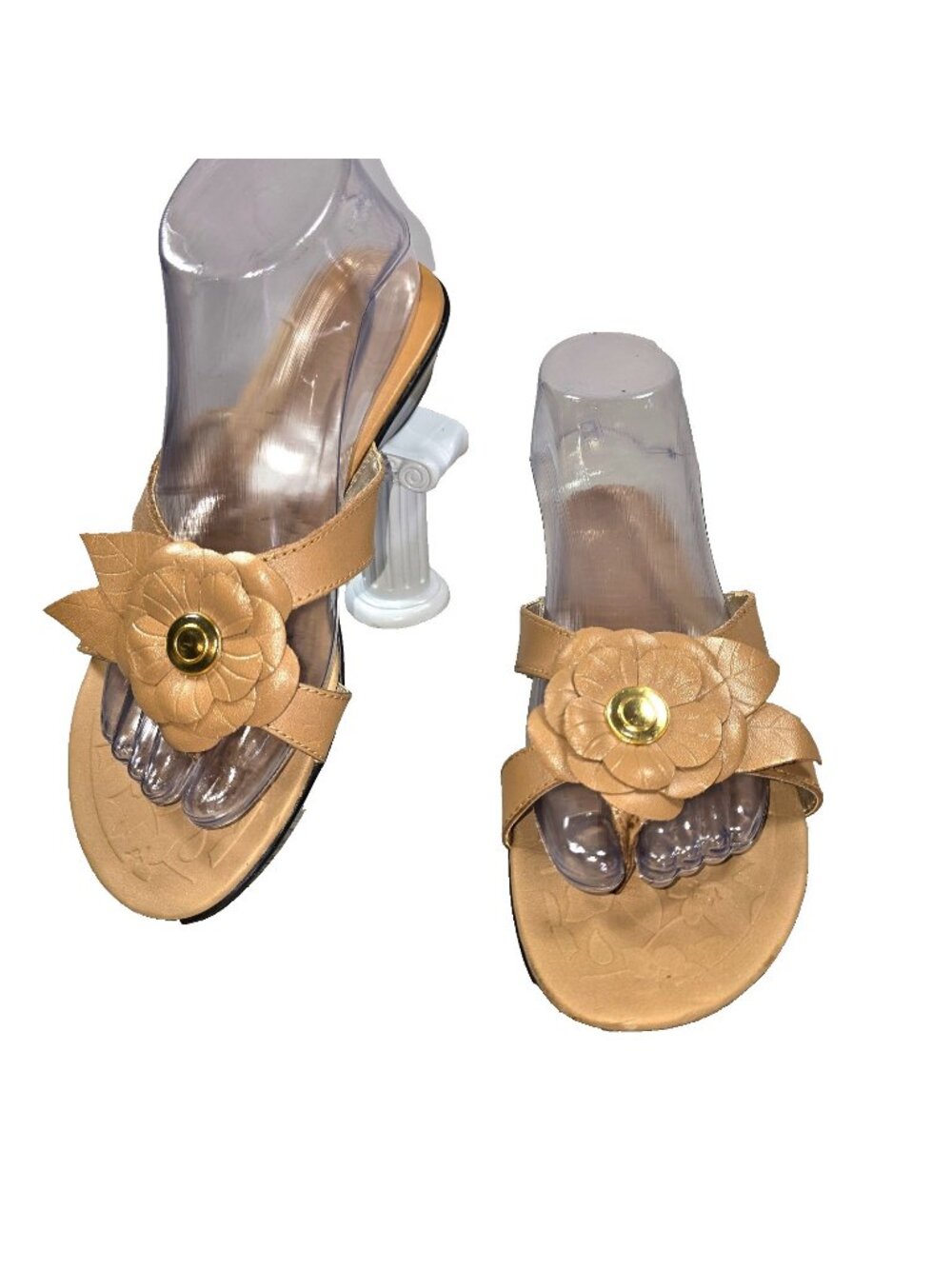 Strictly Comfort Leather Thong Sandals Flats Sz 8M Tan Caramel Floral Applique